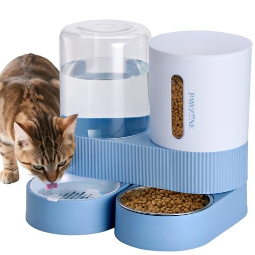 Automatic Cat Feeder Stainless Steel Water Dispenser Gravity Food Feeder and Waterer Set with Pet Food Bowl for Small Medium Kitten Puppy Pets Large Capacity