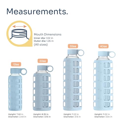 40oz / 32oz / 22oz / 12oz Borosilicate Glass Water Bottle with Time & Volume Markers, Silicone Sleeve, Stainless Steel Lid | Reusable Glass Bottle for Water & Juice (12oz Ice Blue)