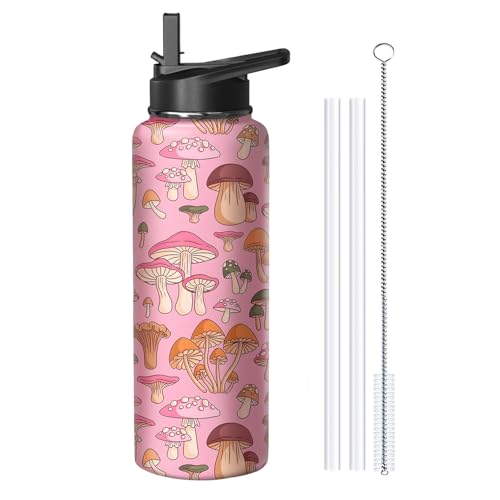 40oz Mushroom Water Bottle with Handle and Flip Straw