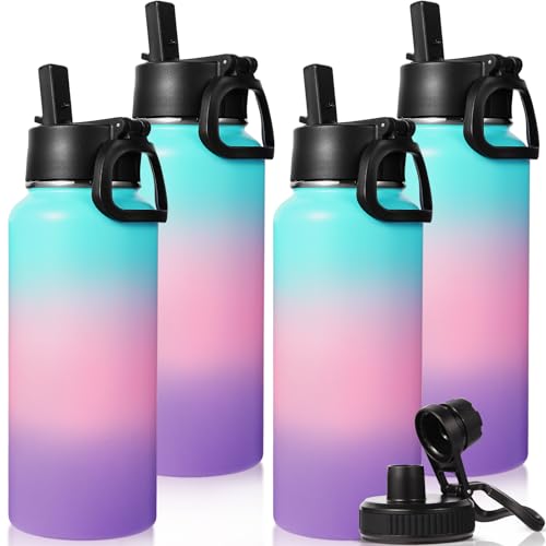 32 oz Insulated Water Bottles Bulk with 2 Lids (4 Count)