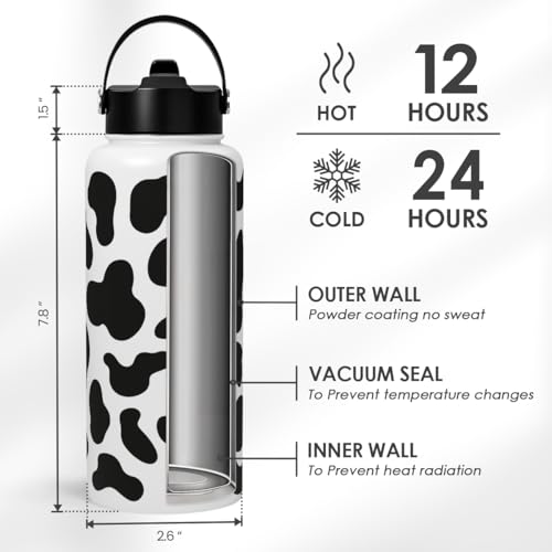Cow Print Water Bottle 32oz Stainless Steel Vacuum Insulated with Lid