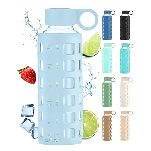 40oz / 32oz / 22oz / 12oz Borosilicate Glass Water Bottle with Time & Volume Markers, Silicone Sleeve, Stainless Steel Lid | Reusable Glass Bottle for Water & Juice (12oz Ice Blue)