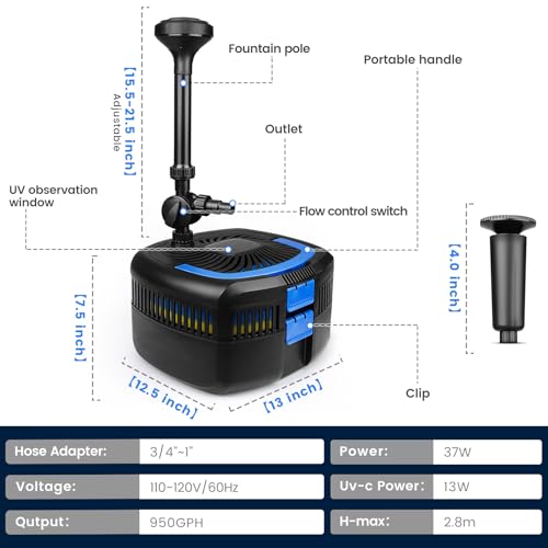 All-in-One Pond Filter Fountain Kits,950 GPH Pond Water Pump
