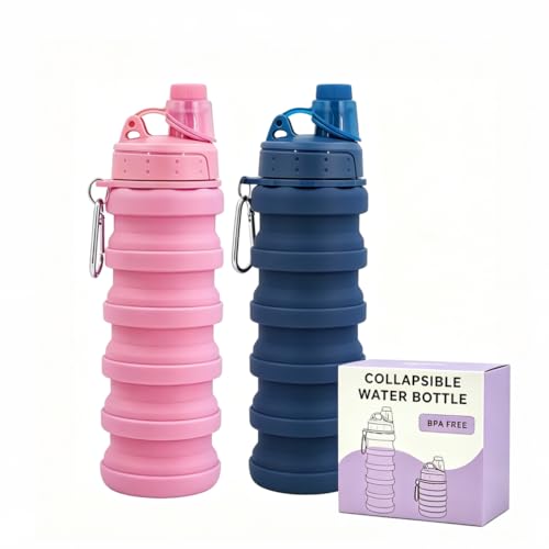 Collapsible Water Bottles Two Pack Travel Sports Portable Sport Water Bottle comes with mountaineering Buckle 500ml silicone Water (2 Count)