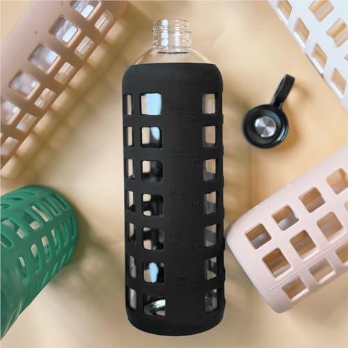 40oz / 32oz / 22oz / 12oz Borosilicate Glass Water Bottle with Time & Volume Markers, Silicone Sleeve, Stainless Steel Lid | Reusable Glass Bottle for Water & Juice (40oz Jet Black) (4 Count)