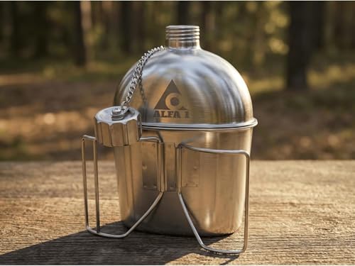 Military Stainless Steel Canteen & Kidney Style Cup for Hiking