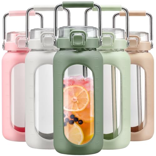 64oz Water Bottle Glass with Stainless Steel Handle Large Water Bottle with Time Markers and Silicone Sleeve Half Gallon Water Jug BPA Free for Gym Daily Use