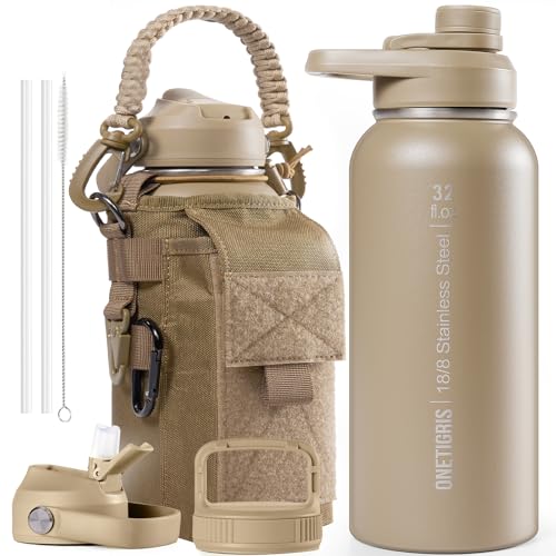 32oz Insulated Tactical Water Bottle with Straw & MOLLE Sleeve
