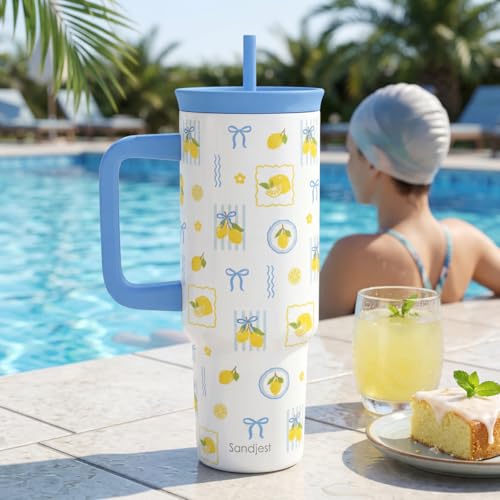 Lemon Stainless Steel Locking Lid Silicone Straw Tumbler with Handle 40oz