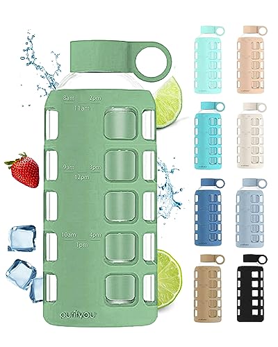 40oz / 32oz / 22oz / 12oz Borosilicate Glass Water Bottle with Time & Volume Markers, Silicone Sleeve, Stainless Steel Lid | Reusable Glass Bottle for Water & Juice (22oz Shale Green)