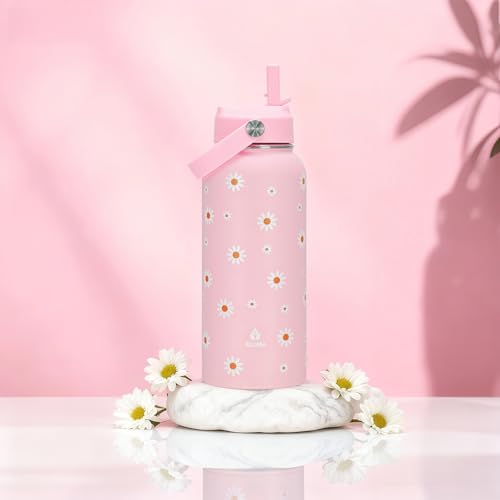 32oz Pink Daisy Insulated Water Bottle for Women with Straw