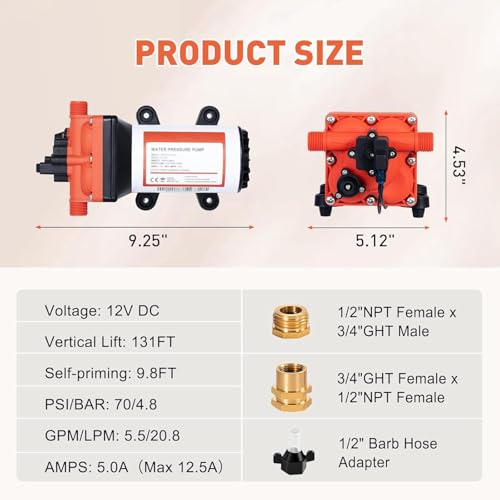 High Pressure 12 Volt RV Water Diaphragm Pump 5.5GPM 70PSI
