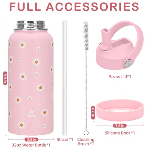 32oz Pink Daisy Insulated Water Bottle for Women with Straw