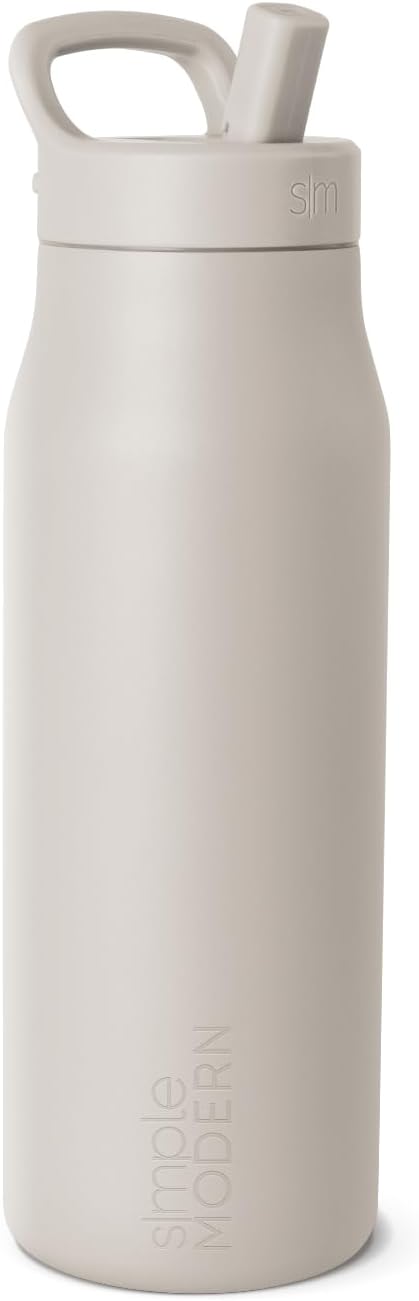 Simple Modern Water Bottle with Push Button Straw Lid | Ceramic-Lined Insulated Stainless Steel | Travel Water Bottles for Gym & Sports | Leak Proof | 34oz, Almond Birch