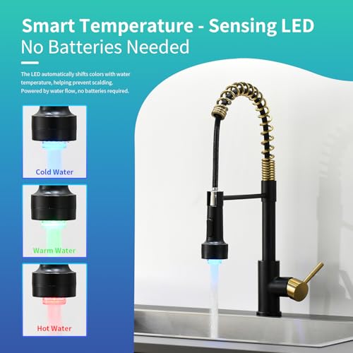 Black and Gold Led Kitchen Faucet with Pull Down Sprayer