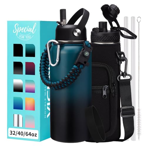 32oz/40oz/64oz Insulated Water Bottles - with Straw & Flip Auto Lid, Stainless Steel Water Bottle Shoulder Carrier Bag, Silicone Boot, BPA-Free Metal Water Bottle with Handle Paracord (32 Count)
