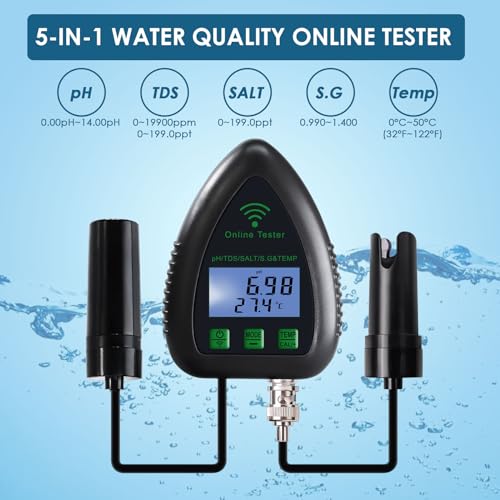 5-in-1 WiFi pH Meter Monitor, Water Quality Tester for pH TDS Salinity S.G Temperature, Tuya Smart APP Remote Monitoring with Alarm & Easy Calibration, for Aquarium Hydroponics
