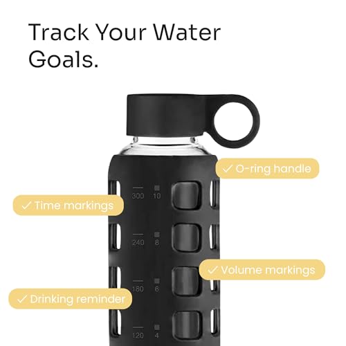 40oz / 32oz / 22oz / 12oz Borosilicate Glass Water Bottle with Time & Volume Markers, Silicone Sleeve, Stainless Steel Lid | Reusable Glass Bottle for Water & Juice (12oz Jet Black)
