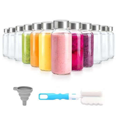 8 oz Small Glass Juice Bottles with Stainless Steel Lids Leak Proof (12 Count)