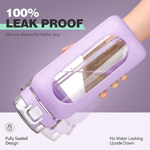 64oz Water Bottle Glass with Stainless Steel Handle Large Water Bottle with Time Markers and Silicone Sleeve Half Gallon Water Jug BPA Free for Gym Daily Use