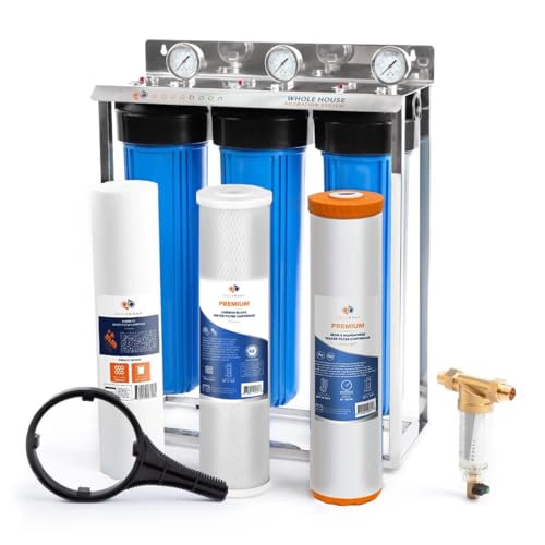 3 Stage Whole House Water Filter System with 5 Micron 20x4.5 Reducing Sediment and Iron & Manganese Water Purification Filters