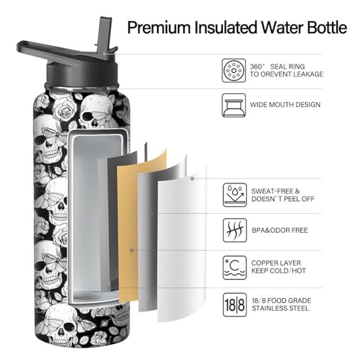 40oz Skull Water Bottle with Handle and Flip Straw