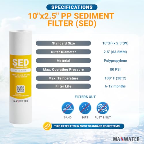 10 Micron 10 x 2.5 Sediment Filter Cartridge Replacement for Reverse Osmosis and Whole House Water Filter