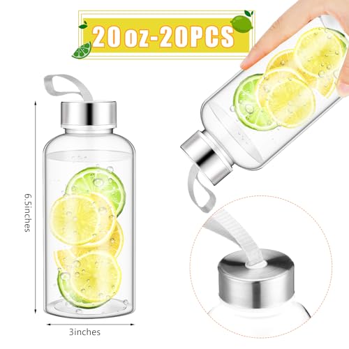 20 Pcs Reusable Clear Water Bottles Bulk with Stainless Steel Leak Proof Lids Sports Bottles with Nylon Camying Strap for Party Gift Water Milk Smoothie Juice Beverage