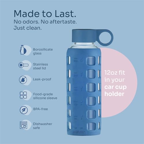 40oz / 32oz / 22oz / 12oz Borosilicate Glass Water Bottle with Time & Volume Markers, Silicone Sleeve, Stainless Steel Lid | Reusable Glass Bottle for Water & Juice (12oz Chinese Porcelain)