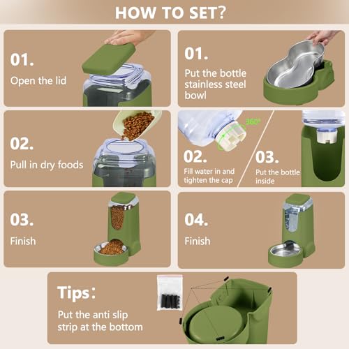 Portable Automatic Cat Feeder and Water Dispenser with Stainless Steel Bowl Dog Gravity Food Feeder and Waterer for Small Medium Pets Puppy Kitten 1 Gallon x 2