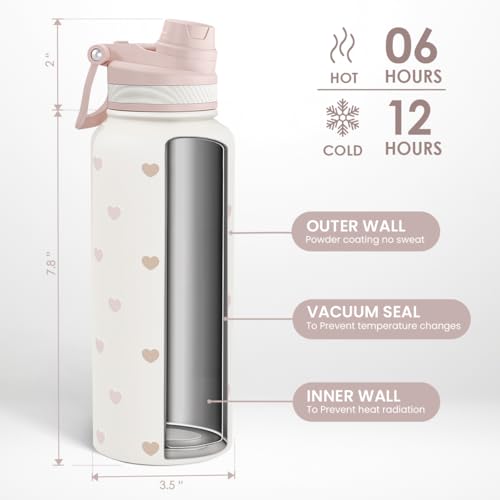 Beige Heart Stainless Steel Water Bottle with Strap 32oz