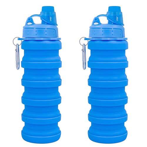 Collapsible Water Bottles Two Pack Travel Sports Portable Sport Water Bottle comes with mountaineering Buckle 500ml silicone Water (2 Count)