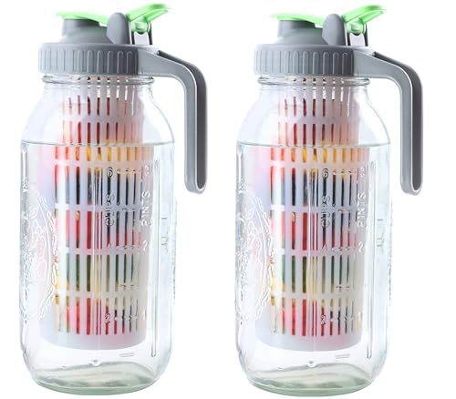 Glass Mason Jar Water Fruit Infuser Pitcher With Lid 64 Oz Wide Mouth Tea Infused Pitchers 2 Quart Sun Tea Jar For Outside Half Gallon Iced Coffee Tea Lemonade Juice Homemade Drinks Container