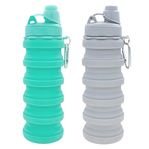 Collapsible Water Bottles Two Pack Travel Sports Portable Sport Water Bottle comes with mountaineering Buckle 505ml silicone Water (2 Count)