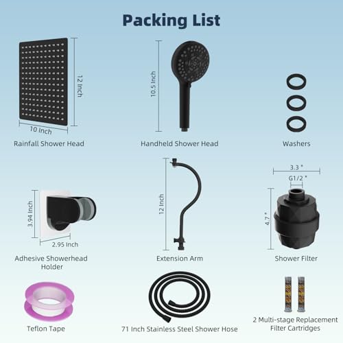 All Metal 12'' Dual Filtered Rainfall Shower Head Combo