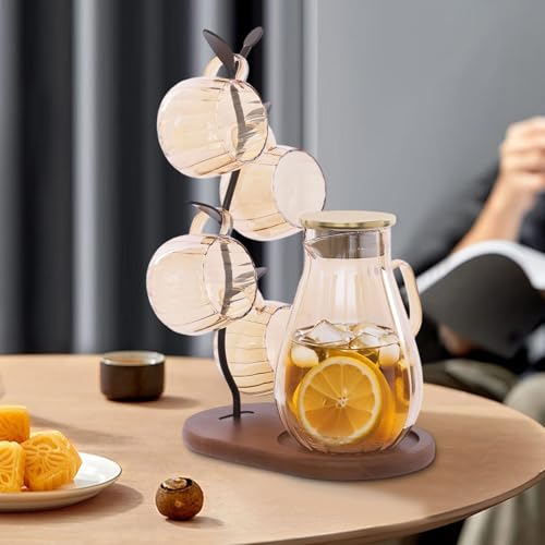 6 Pcs Glass Pitcher Set Jug with 6 Water Glasses & Cup Storage Shelf 1.5L (6 Count)