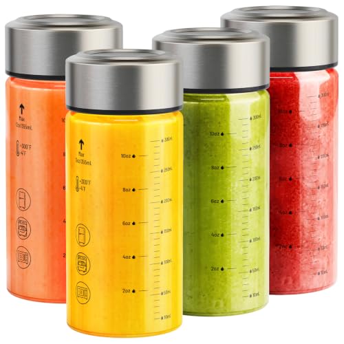 Wide Mouth Borosilicate Glass Juice Bottles 12oz 4 Pack with Lids