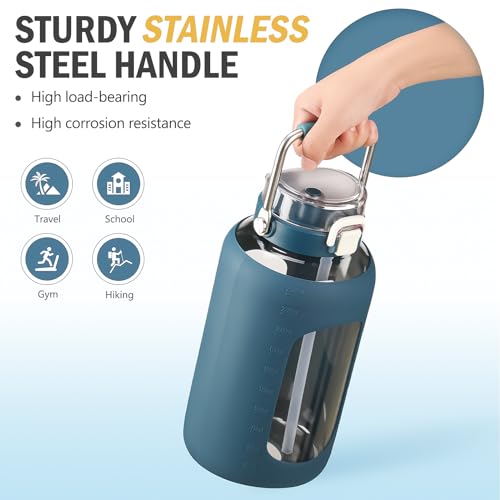84oz Water Bottle Glass with Stainless Steel Handle Large 2.5l Water Bottle with Time Markers and Silicone Sleeve Half Gallon Water Jug BPA Free for Gym Daily Use