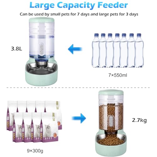 Automatic Cat Feeder and Water Dispenser with Stainless Steel Bowl Gravity Food Feeder and Waterer Set for Small Medium Dog Puppy Kitten 1 Gallon x 2