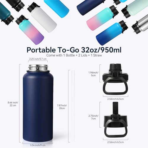 32 oz Insulated Water Bottles Bulk with 2 Lids (4 Count)