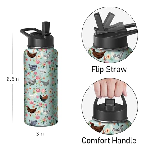 18oz Chicken Water Bottle with Handle and Flip Straw
