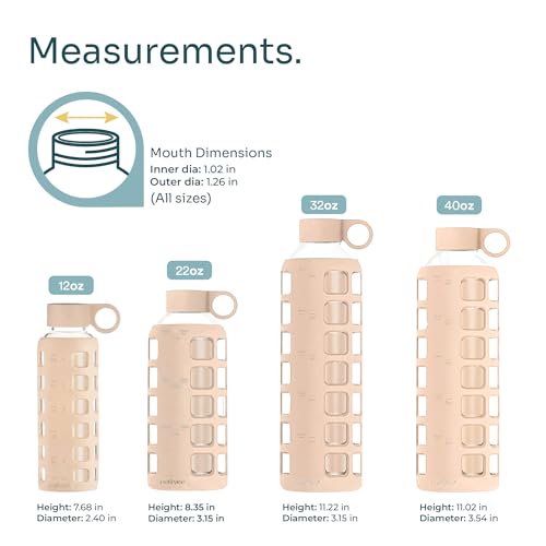 40oz / 32oz / 22oz / 12oz Borosilicate Glass Water Bottle with Time & Volume Markers, Silicone Sleeve, Stainless Steel Lid | Reusable Glass Bottle for Water & Juice (22oz Hazelnut)
