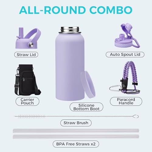 32/40/64 OZ Insulated Water Bottle - with Straw Spout Lid, 32 oz Water Bottles Sleeve, Paracord Handle, Protective Boot, Metal Thermo Stainless Steel Flask Cup for Work Sports Gym Travel (32 Count)