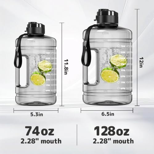 Large Water Bottle with Motivational Time Marker & Straw & Handle