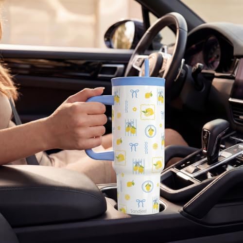 Lemon Stainless Steel Locking Lid Silicone Straw Tumbler with Handle 40oz