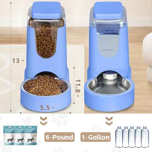 Portable Automatic Cat Feeder and Water Dispenser with Stainless Steel Bowl Dog Gravity Food Feeder and Waterer for Small Medium Pets Puppy Kitten 1 Gallon x 2