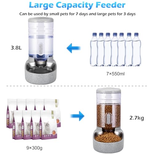 Automatic Cat Feeder and Water Dispenser with Stainless Steel Bowl Gravity Food Feeder and Waterer Set for Small Medium Dog Puppy Kitten 1 Gallon x 2