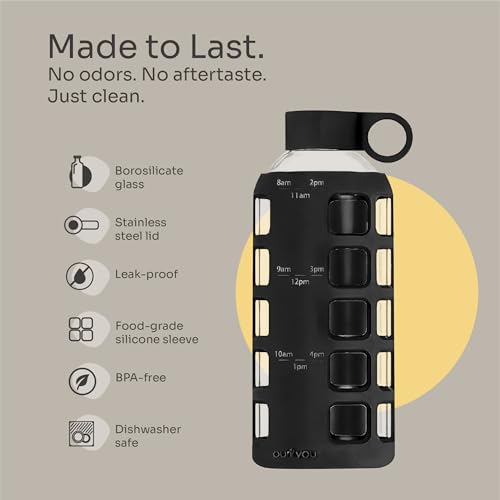 40oz / 32oz / 22oz / 12oz Borosilicate Glass Water Bottle with Time & Volume Markers, Silicone Sleeve, Stainless Steel Lid | Reusable Glass Bottle for Water & Juice (22oz Jet Black)