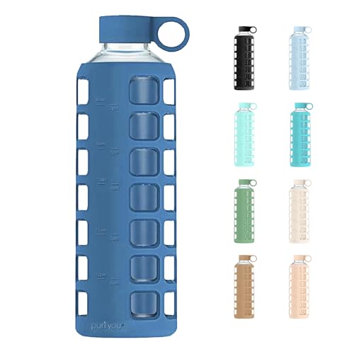 40oz / 32oz / 22oz / 12oz Borosilicate Glass Water Bottle with Time & Volume Markers, Silicone Sleeve, Stainless Steel Lid | Reusable Glass Bottle for Water & Juice (40oz Chinese Porcelain)