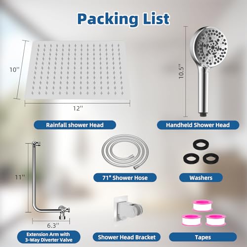 12" Metal Rainfall Shower Head with 10